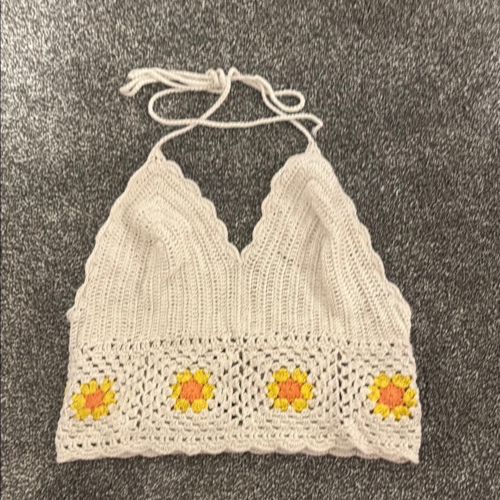Aerie White Crochet Crop Top with Yellow and Orange Floral Accents